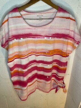 White Stage Striped T-Shirt, with Sequins and a Tie at the Bottom Left, Size XL